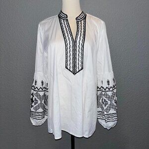 CHICO'S White Tunic with Black Embroidery & Beading - Johnny Was Style -EUC  10